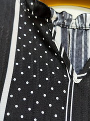  Colorblock Stripe & Dot Print Ruffle Trim V Neck Top