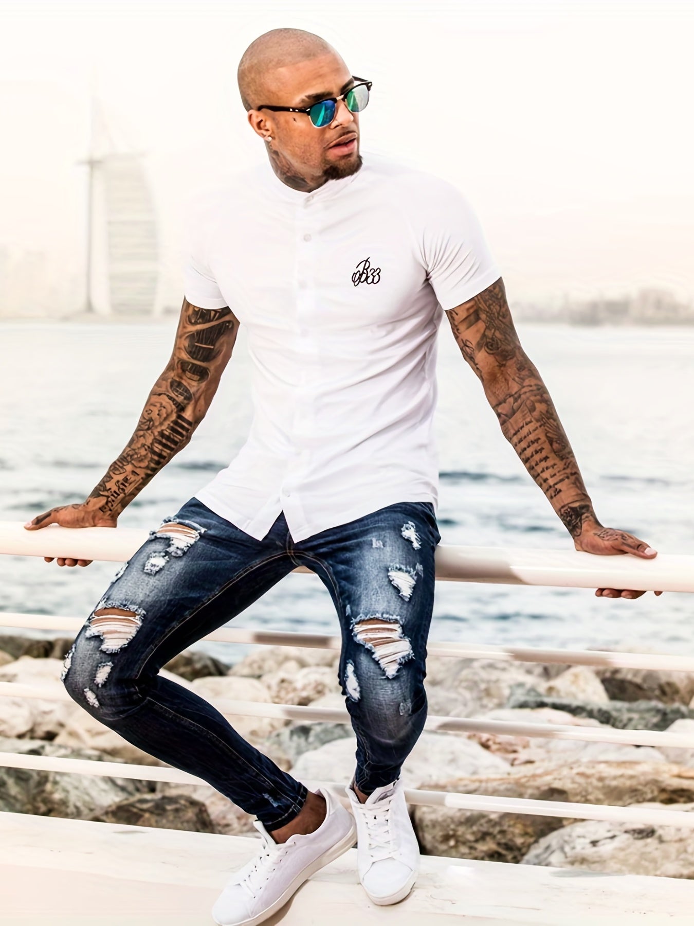 Men's Slim Fit Ripped Jeans Distressed Mid Stretch Denim Pants