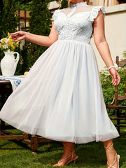 Contrast Lace Ruffle Trim Mesh Formal Party Dress