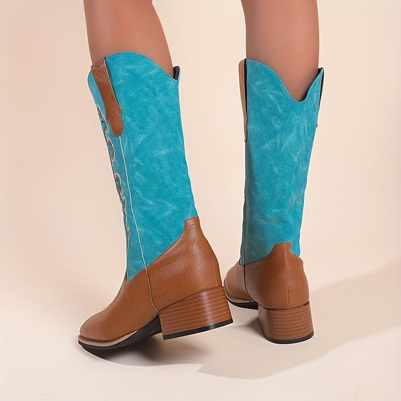 Women's Retro Western Boots Embroidered Square Toe Chunky Heel Cowgirl Mid Calf