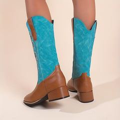Women's Retro Western Boots Embroidered Square Toe Chunky Heel Cowgirl Mid Calf