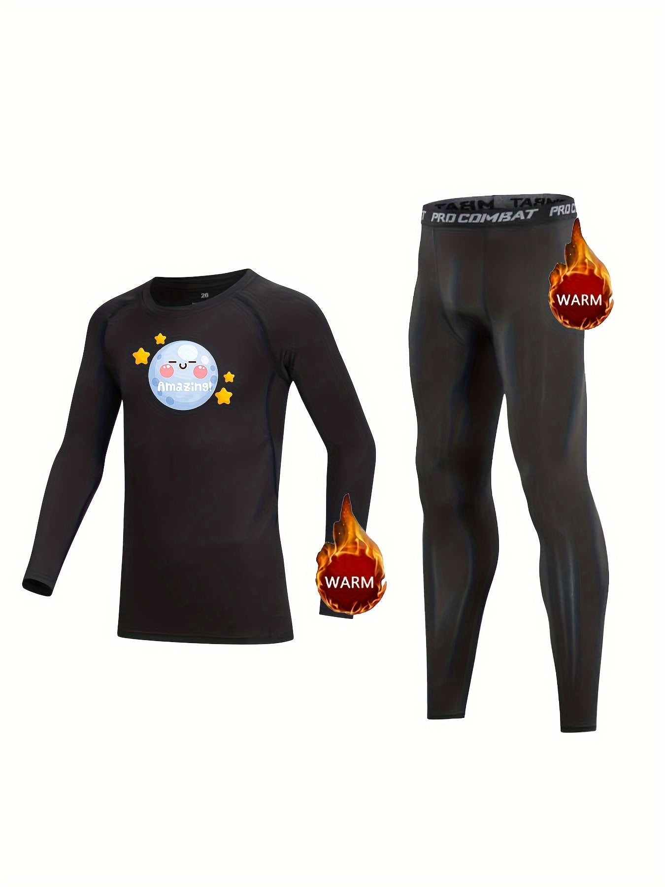 Kids Compression Fleece Sets Moon Pattern Long Sleeve Crew Neck Pullover