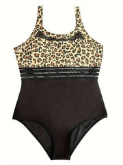 Women's Plus Leopard Print Mesh Round Neck One Piece Swimsuit