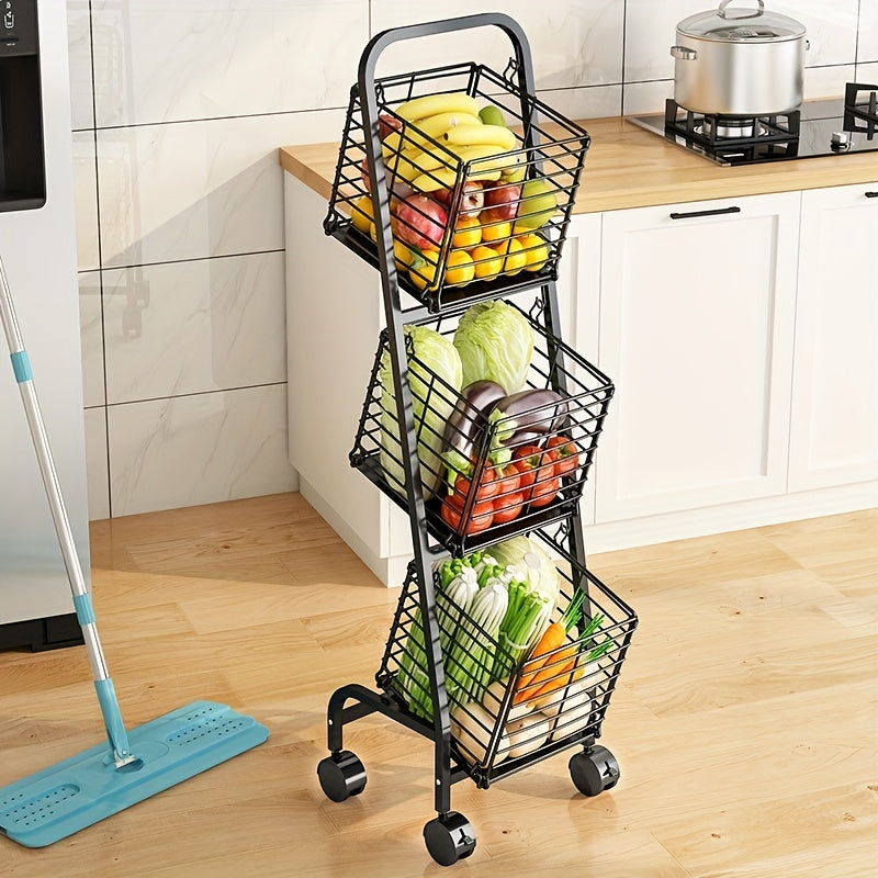 3 Tier Metal Market Basket with Wheels - Ideal for Fruits & Veggies