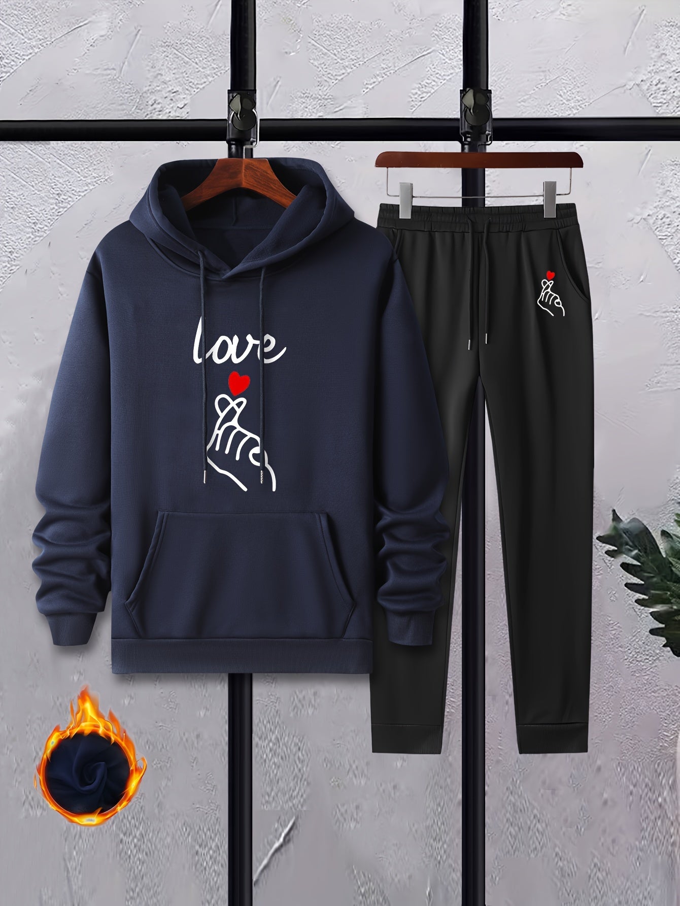 Love Hearts Print Men's 2Pcs Outfits Crew Neck Long Sleeve T Shirt Hooded Sweats