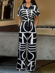 Geo Print 2pc Set Crop Shirt & Wide Leg Pants Outfit