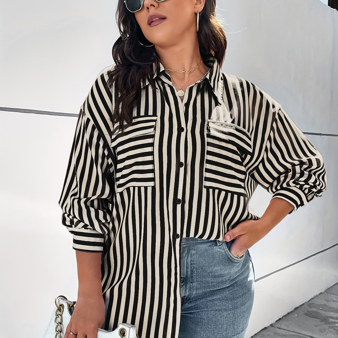  Stripe Print Long Sleeve Button Up Shirt Top