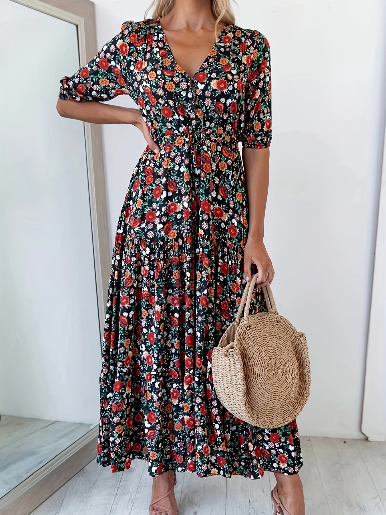  Floral Print Long Sleeve V Neck Maxi Dress