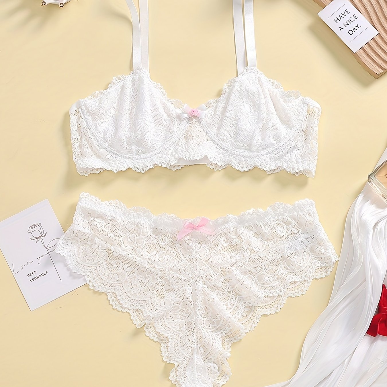  Floral Lace Bow Knot Bra & Underwear Lingerie Set