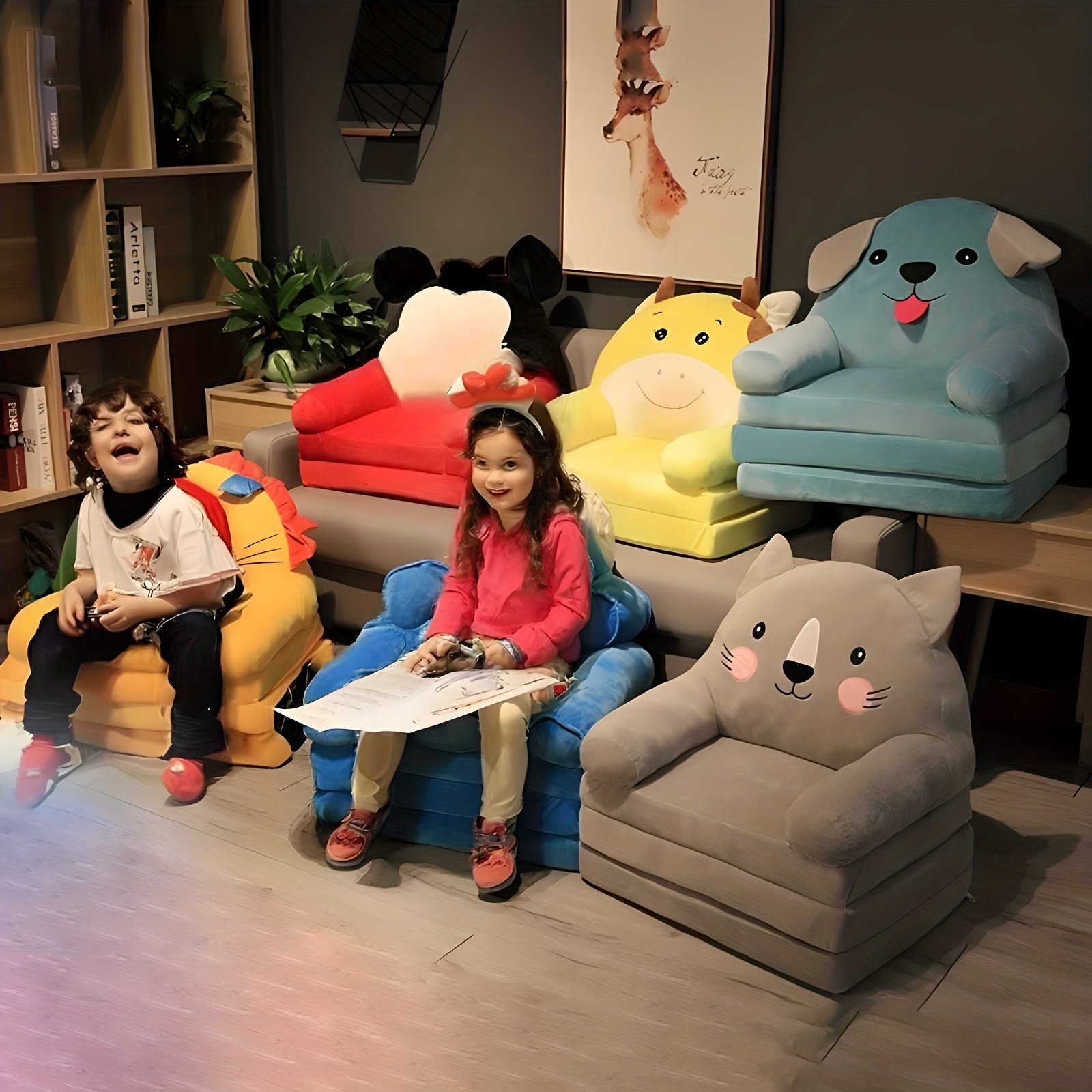 Kids' Folding Sofa Stool Plush Reclining Seat