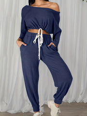  Solid Ribbed Long Sleeve One Shoulder Crop Top & Tapered Leg Pants Set