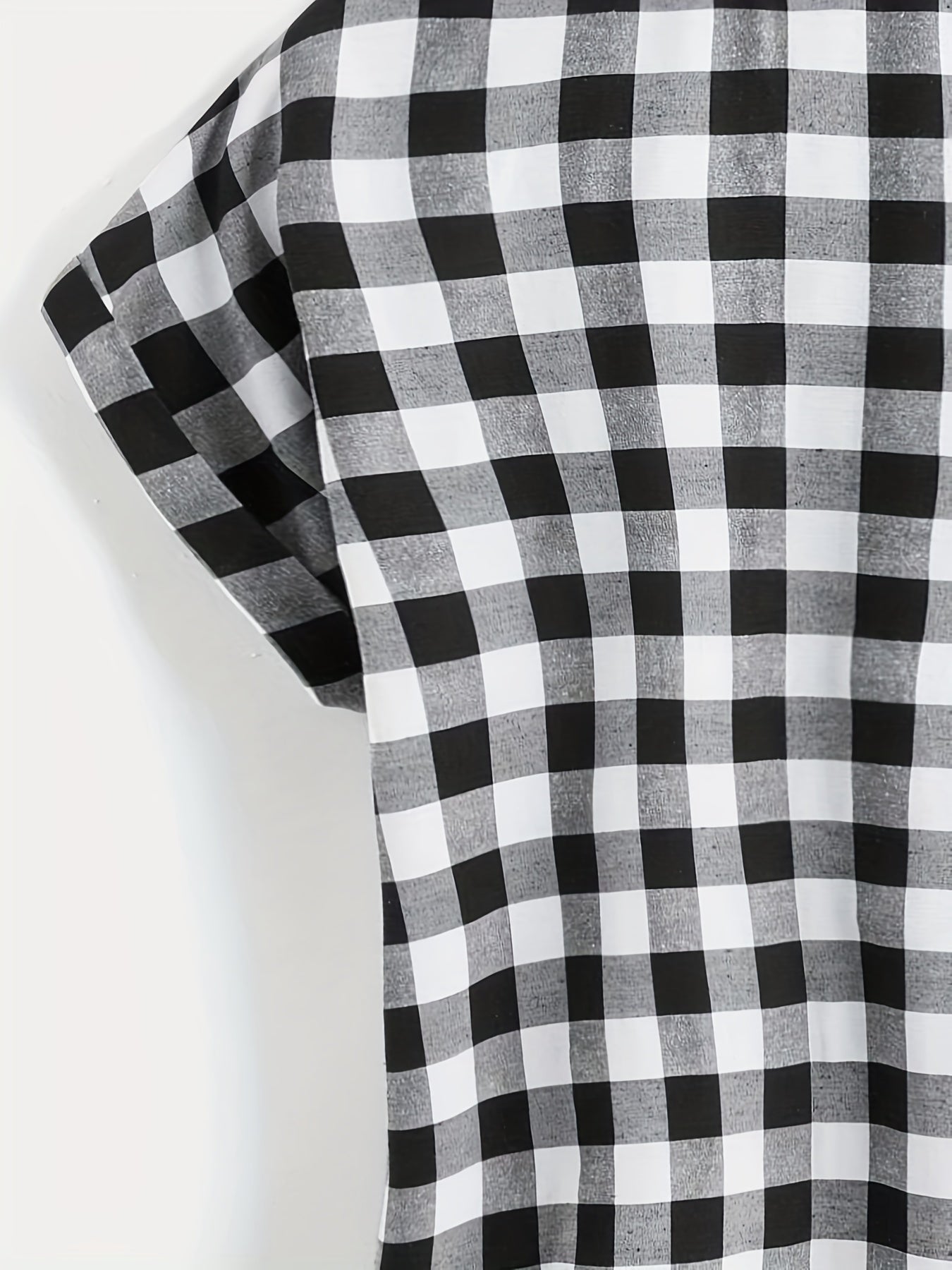  Gingham Print Button Up Bat Sleeve Blouse