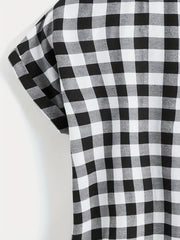  Gingham Print Button Up Bat Sleeve Blouse