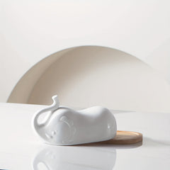 Elephant Shaped Ceramic Butter Dish with Lid and Wooden Saucer