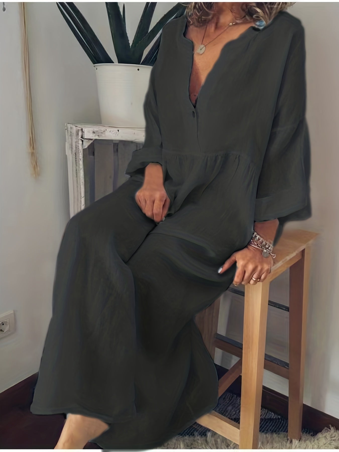  Solid Long Sleeve V Neck Maxi Dress