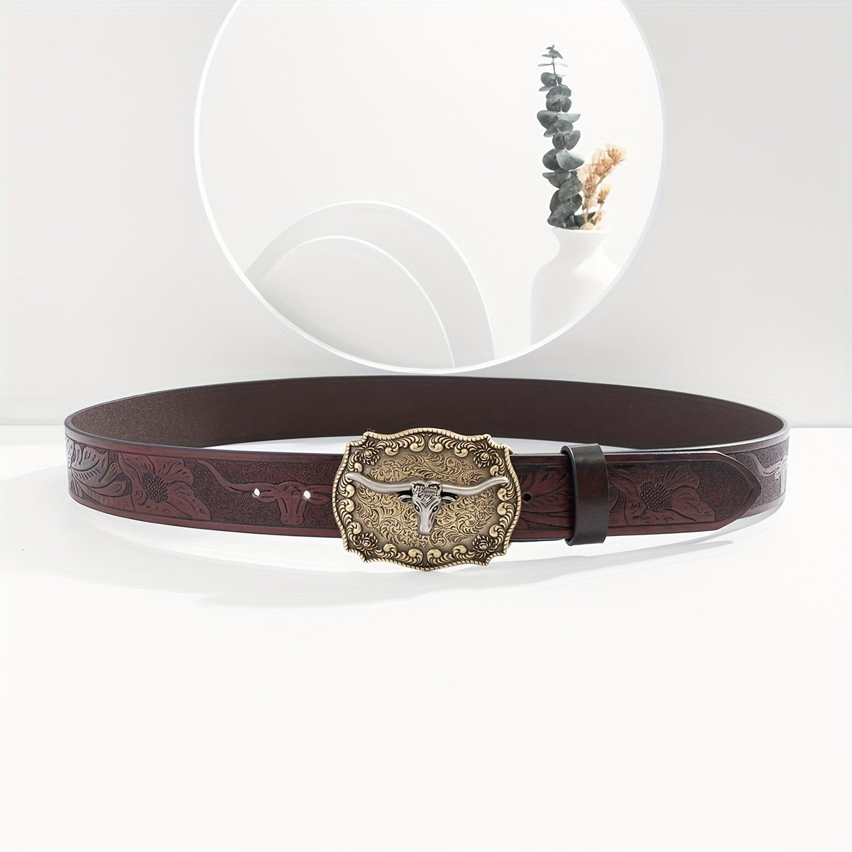 Men's Burgundy Western Cowboy Vintage Buckle Belt