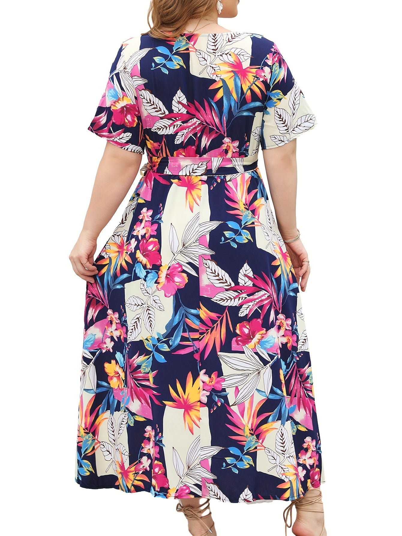  Leaf Print Short Sleeve Dress