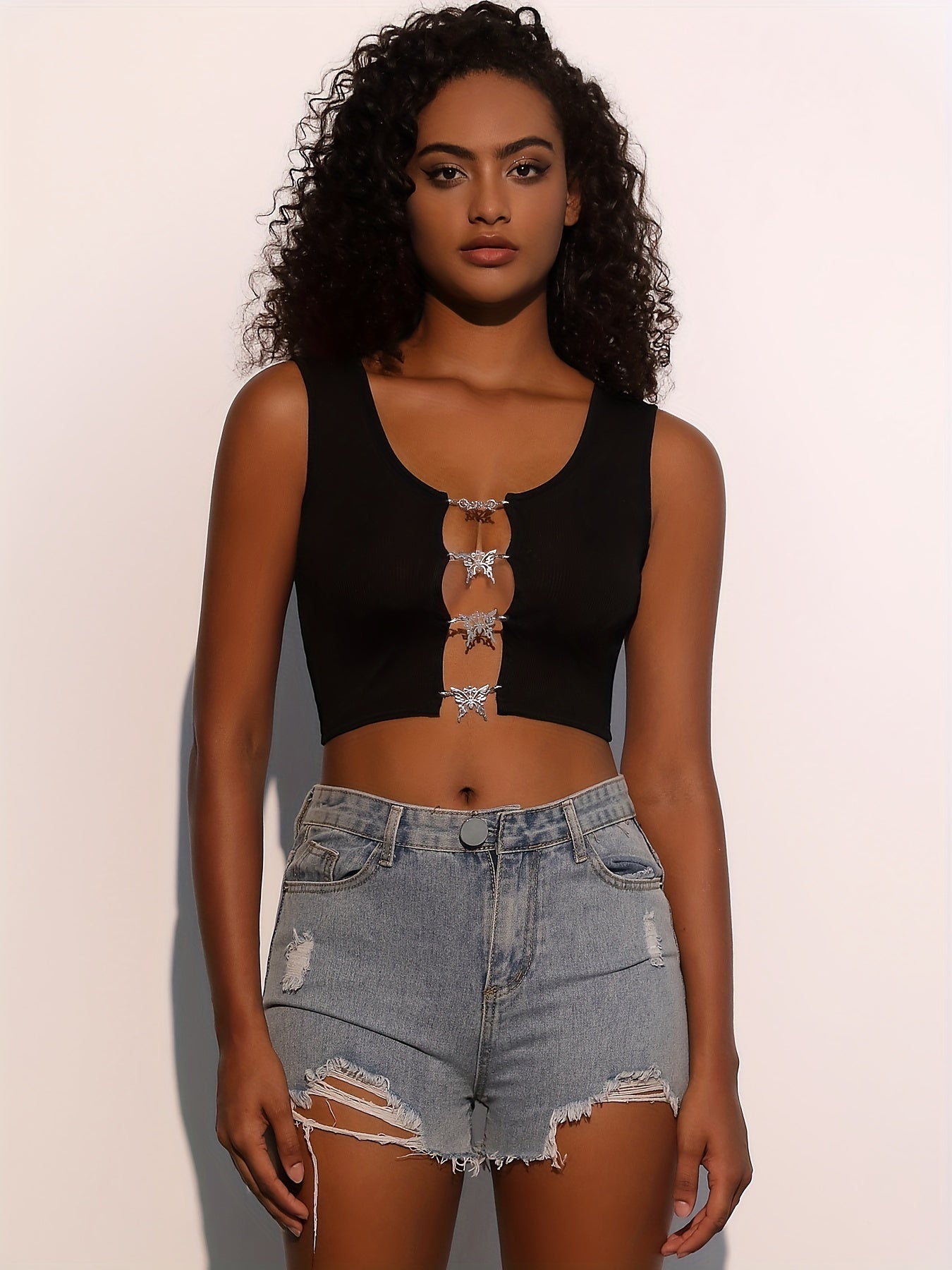 Butterfly Buckle Crew Neck Tank Top Sexy Sleeveless Crop Tank Top
