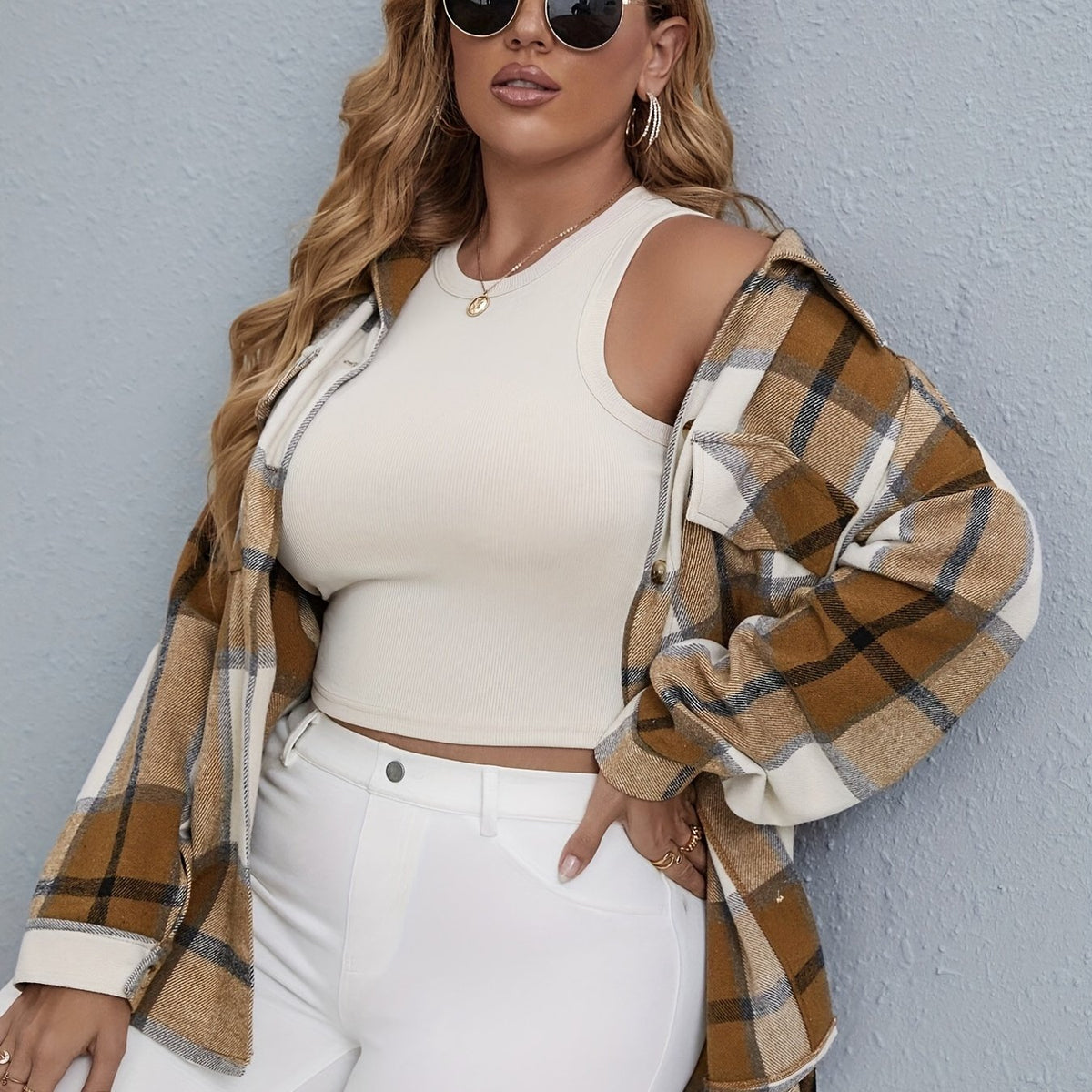  Plaid Print Long Sleeve Button Up Coat