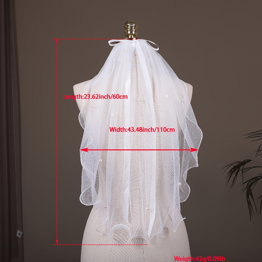 Pearl Bowknot Short Wedding Veil Soft Tulle Bridal Accessory