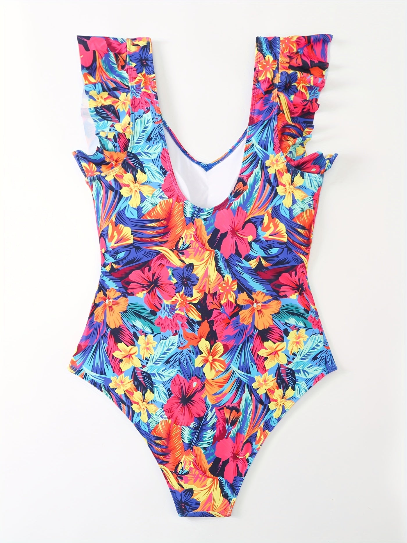  Floral Print V Neck Ruffle Trim One Piece Bathing Suit