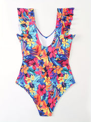  Floral Print V Neck Ruffle Trim One Piece Bathing Suit