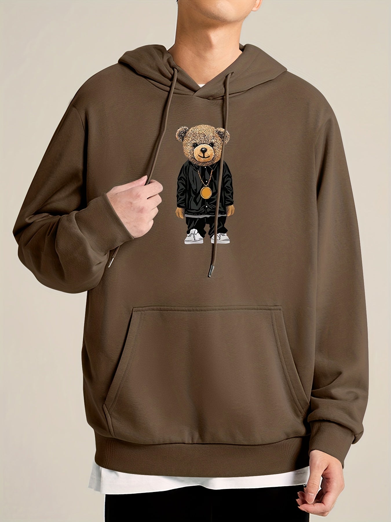 Teddy Bear Print Hoodie Men's Pullover Sweatshirt