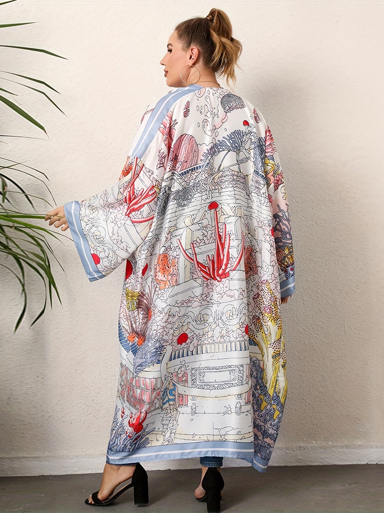  Boho Kimono Women's Plus Painting Print Long Sleeve Open Front