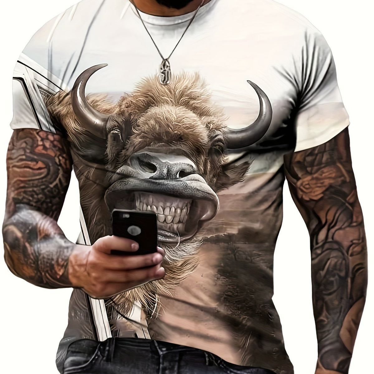 Bull Pattern Print Men's Short Sleeve T-shirt Graphic Tee