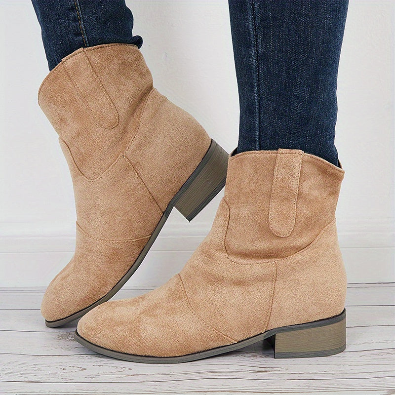 Women's V Cut Ankle Boots Retro Slip On Block Low Heel Shoes