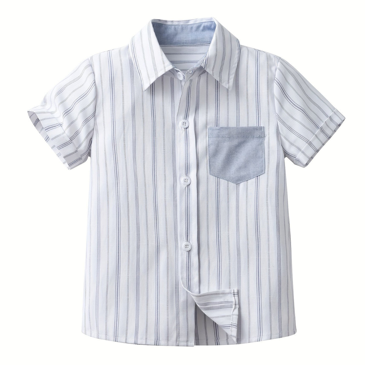 Boys Striped Shirt with Pocket Short Sleeve Lapel Shirt