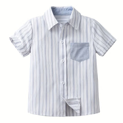 Boys Striped Shirt with Pocket Short Sleeve Lapel Shirt