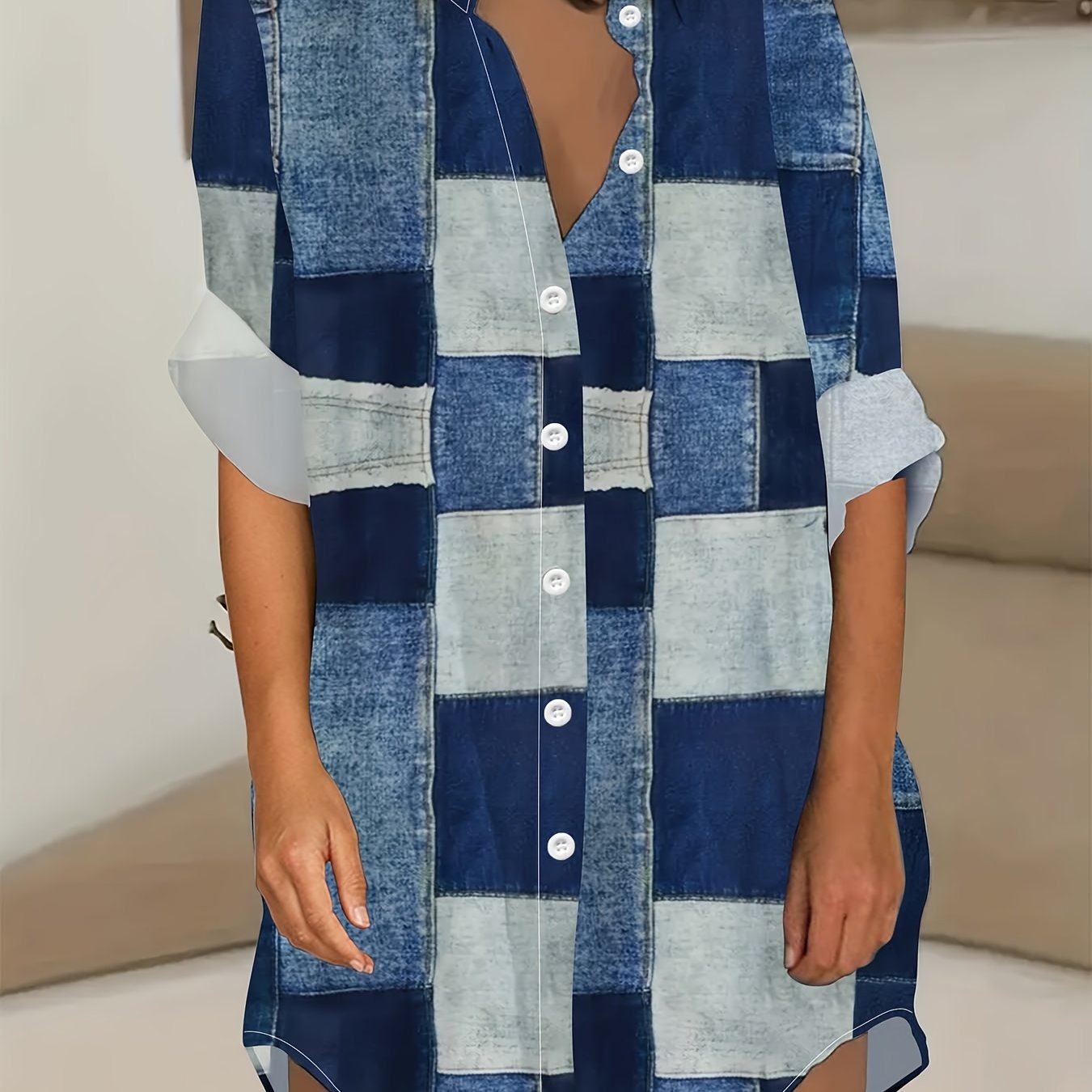  Denim Print Button Up Oversized Shirt