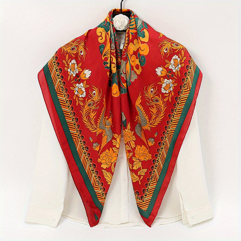 Phoenix Flower Print Scarf Satin Large Shawl Bandana Boho Head Wrap