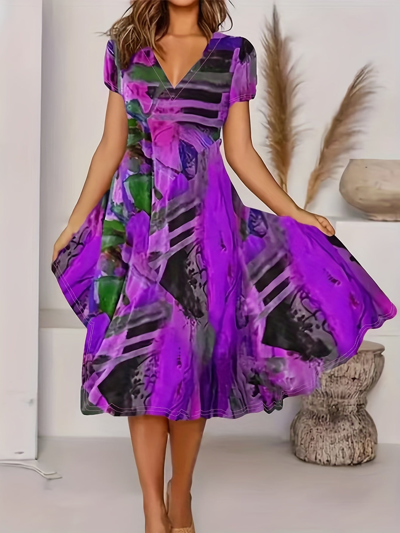 Bohemian Short Sleeve V Neck Dress