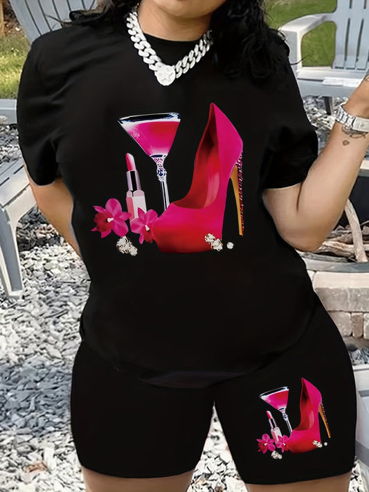  Heels & Wine Print Tee & Shorts Set