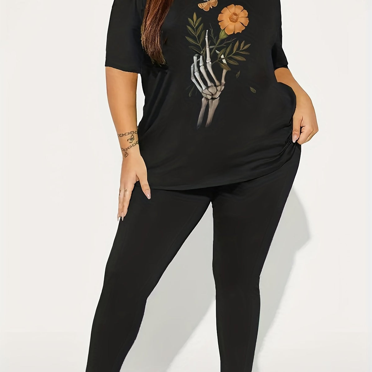  Skull & Floral Print Tee & Leggings Set