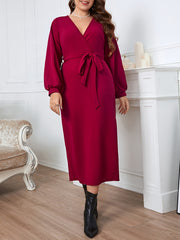  Lantern Sleeve Surplice Neck Dress With Belt