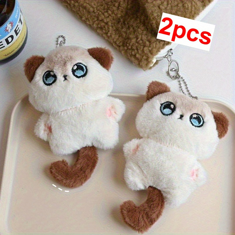 Plush Cat Tail Charms with Fluffy Ears & Expressive Face Backpack & Keychain