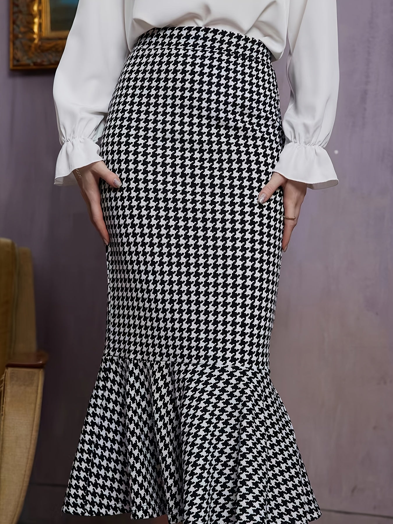 Houndstooth Mermaid Skirts Bodycon Slim Casual Maxi Skirts