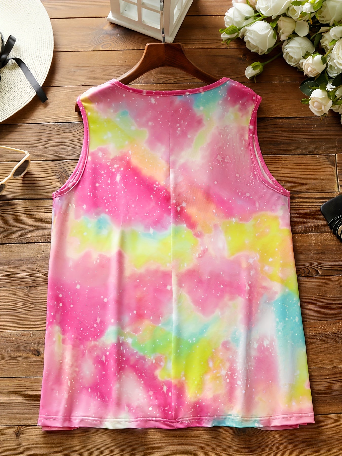  Tie Dye Lace Trim Tank Top V Neck