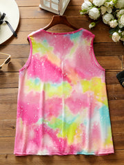  Tie Dye Lace Trim Tank Top V Neck
