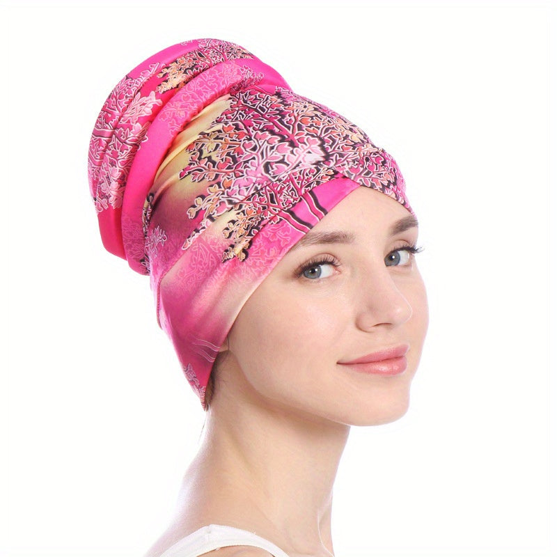 Boho Flower Print Turban Cap Back Twisted Head Wrap for Women