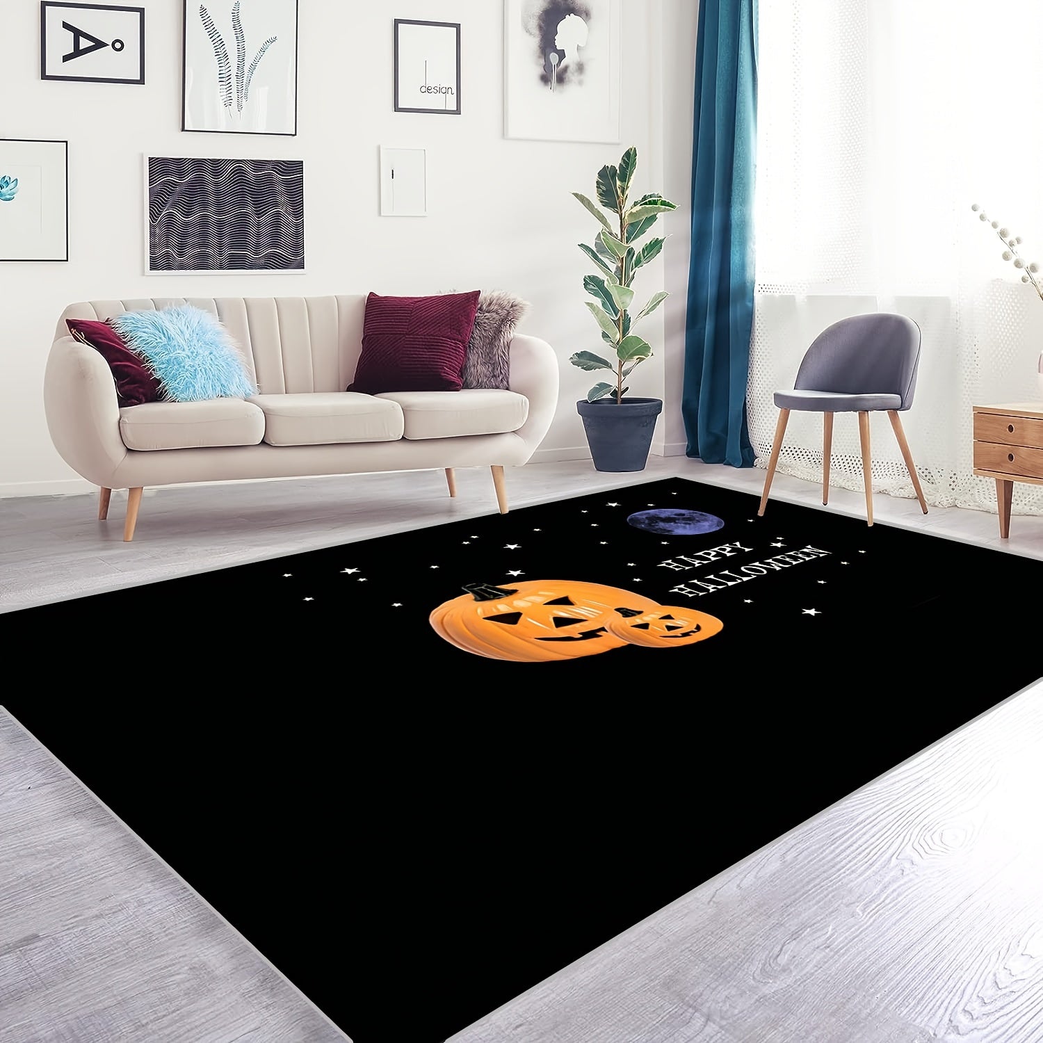 Pumpkin Pattern Carpet Halloween Gothic Floor Rug Machine Washable Anti Stains