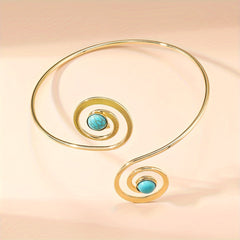 Boho Vintage Turquoise & Gold Spiral Cuff Arm Bracelet