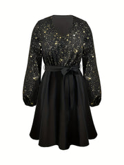  V-Neck Golden Star Print Dress