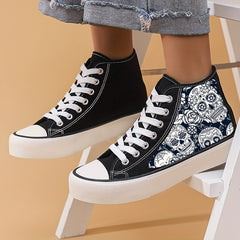 Skull Print High Top Canvas Sneakers
