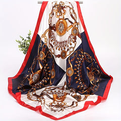 Chain Print Square Scarf Satin Block Bandana Silk Windproof Head Wrap