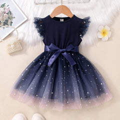 Girls Ruffled Sleeves Stars Mesh Princess Dress For Party