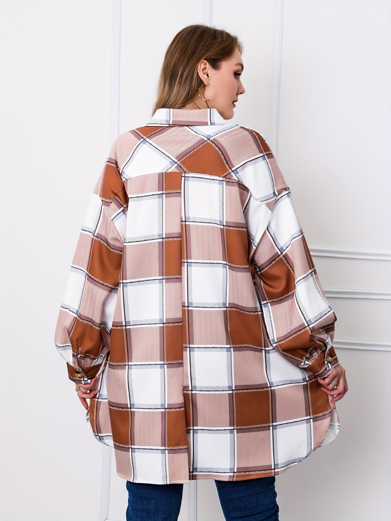  Plaid Print Button Up Long Sleeve Tunic Shirt Top